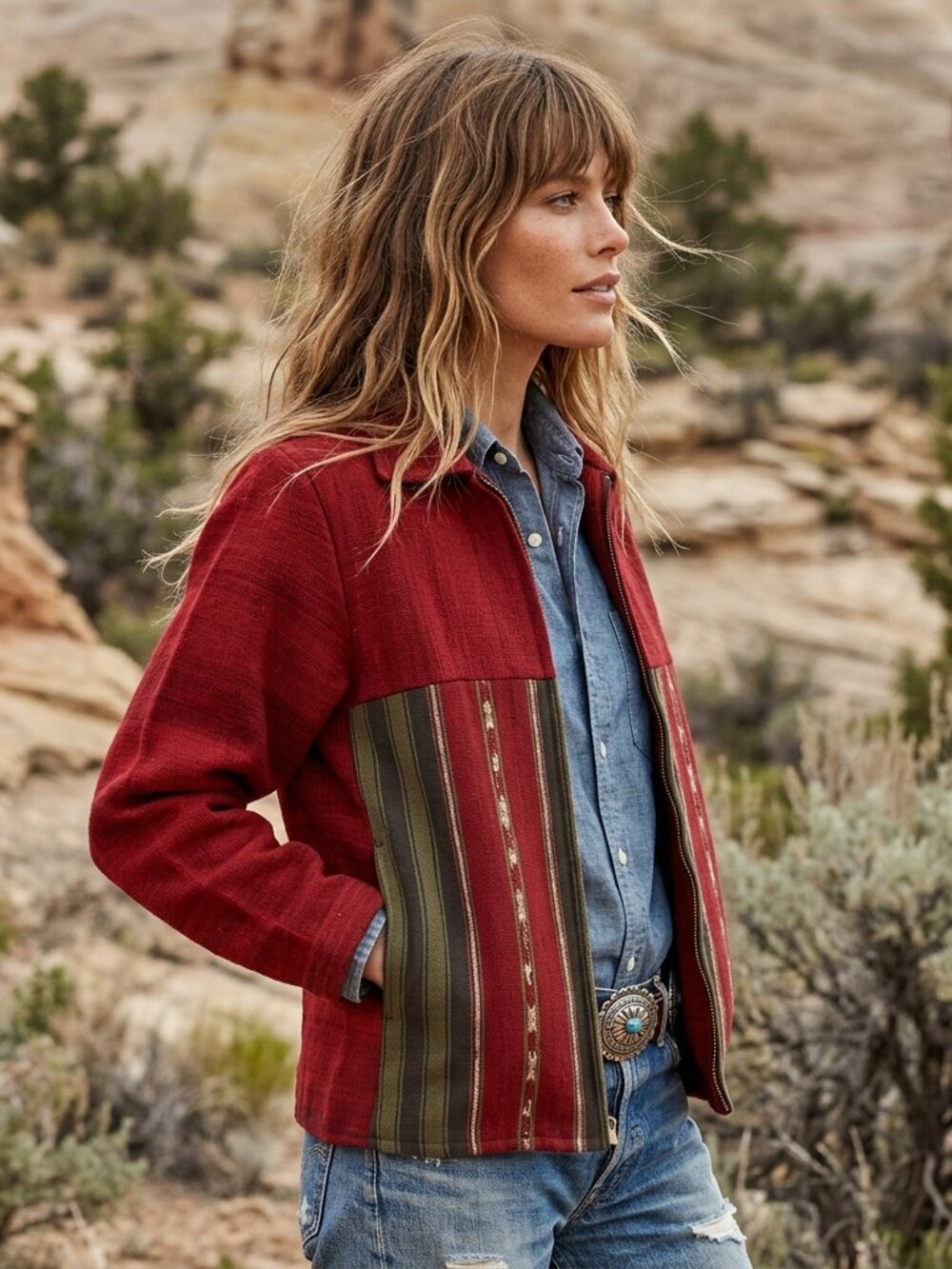 Vintage Southwestern Wool Chore Jacket Red Blanket Western Tapestry Coat
